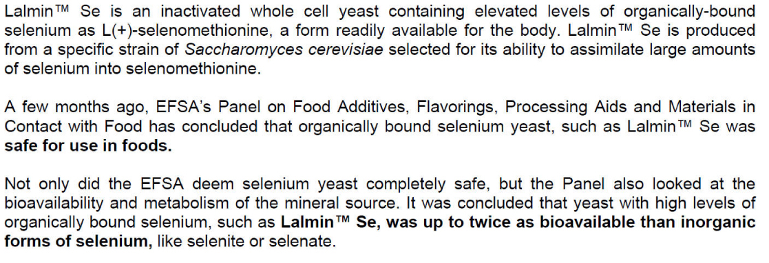 酵母硒為公認安全可食用微量營養元素